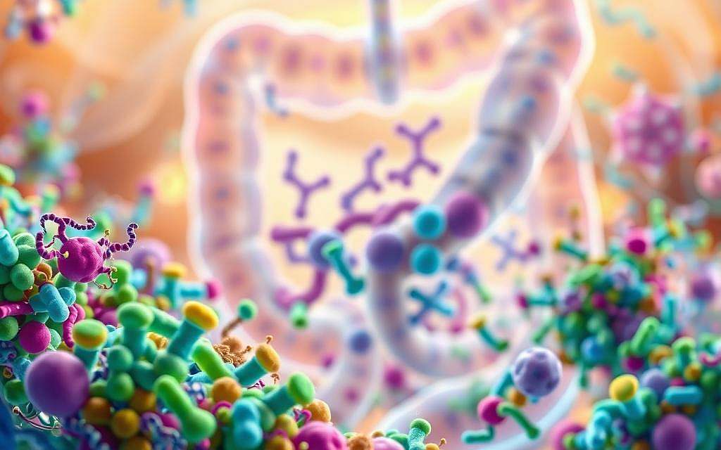 A vibrant and detailed illustration of the human microbiome, showcasing colorful bacteria and microorganisms in a stylized representation of the intestines. In the foreground, intricate clusters of friendly bacteria in shades of green, blue, and purple are highlighted, emphasizing their crucial role in nutrient absorption. The middle ground features a transparent, artistic rendering of the human intestine, with visible interactions between bacteria and nutrient particles. The background could include soft, swirling patterns symbolizing health and wellness, with warm, natural lighting to create a calming atmosphere. The image should evoke a sense of harmony and balance, reflecting the importance of gut health in overall well-being. No text or markings should be present. A vibrant and detailed illustration of the human microbiome, showcasing colorful bacteria and microorganisms in a stylized representation of the intestines. In the foreground, intricate clusters of friendly bacteria in shades of green, blue, and purple are highlighted, emphasizing their crucial role in nutrient absorption. The middle ground features a transparent, artistic rendering of the human intestine, with visible interactions between bacteria and nutrient particles. The background could include soft, swirling patterns symbolizing health and wellness, with warm, natural lighting to create a calming atmosphere. The image should evoke a sense of harmony and balance, reflecting the importance of gut health in overall well-being. No text or markings should be present.