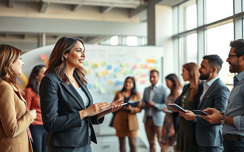 A vibrant and engaging scene of a diverse group of professionals gathered in a modern office space, illustrating storytelling and vision. In the foreground, a confident woman in a smart business outfit passionately presents an idea to her colleagues, who are captivated and taking notes. In the middle ground, a large whiteboard filled with colorful diagrams and post-it notes enhances the storytelling aspect. The background features large windows with natural light flooding in, creating an inspiring and motivational atmosphere. The mood is energetic and collaborative, with soft lighting highlighting the interactive dynamics among the group. Shot from a slightly elevated angle to capture the narrative flow and connections among the participants. A vibrant and engaging scene of a diverse group of professionals gathered in a modern office space, illustrating storytelling and vision. In the foreground, a confident woman in a smart business outfit passionately presents an idea to her colleagues, who are captivated and taking notes. In the middle ground, a large whiteboard filled with colorful diagrams and post-it notes enhances the storytelling aspect. The background features large windows with natural light flooding in, creating an inspiring and motivational atmosphere. The mood is energetic and collaborative, with soft lighting highlighting the interactive dynamics among the group. Shot from a slightly elevated angle to capture the narrative flow and connections among the participants.