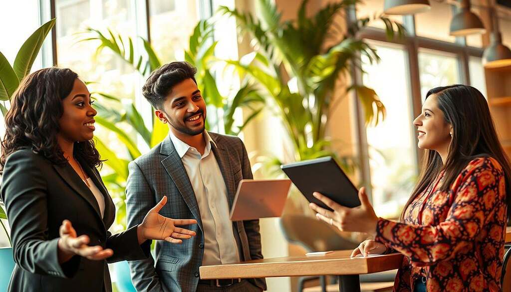 A vibrant and inspired depiction of the middle phase of life, featuring a diverse group of three adults aged 28-35 engaged in a lively discussion at a bright, modern cafe. In the foreground, one person, a Black woman in a smart, tailored outfit, gestures thoughtfully, while a Hispanic man in smart casual attire listens intently. A South Asian woman, casually dressed, takes notes on her tablet in the middle ground. The background shows lush indoor plants and large windows that allow warm sunlight to pour in, creating an inviting atmosphere. The lighting is soft and warm, emphasizing a sense of optimism and growth. Capture a dynamic angle that highlights the camaraderie and the themes of collaboration and ambition, evoking a feeling of vibrancy and positivity.