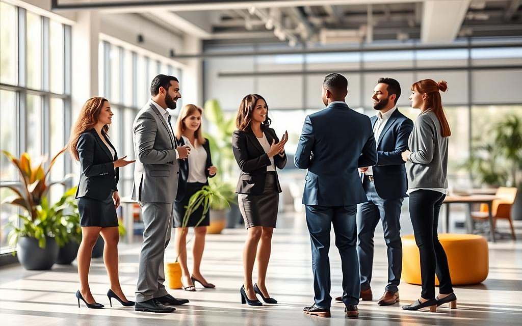 A vibrant and inviting scene that illustrates the concept of "Social Senses and Community." In the foreground, a diverse group of professionals in business attire engages in dynamic conversation, sharing ideas and gestures that signify connection. The middle ground features a modern, open office space with plants and communal seating, symbolizing collaboration. In the background, large windows allow soft natural light to flood the space, creating an uplifting and warm atmosphere. The overall mood is one of harmony and engagement, emphasizing the importance of social interaction in daily life. A shallow depth of field blurs the background slightly, focusing attention on the individuals and their interactions, while retaining a sense of the community around them. A vibrant and inviting scene that illustrates the concept of "Social Senses and Community." In the foreground, a diverse group of professionals in business attire engages in dynamic conversation, sharing ideas and gestures that signify connection. The middle ground features a modern, open office space with plants and communal seating, symbolizing collaboration. In the background, large windows allow soft natural light to flood the space, creating an uplifting and warm atmosphere. The overall mood is one of harmony and engagement, emphasizing the importance of social interaction in daily life. A shallow depth of field blurs the background slightly, focusing attention on the individuals and their interactions, while retaining a sense of the community around them.