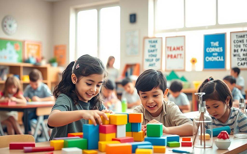 A vibrant classroom scene depicting a diverse group of children engaged in collaborative learning activities, reflecting the theme of competence and achievement. In the foreground, a young girl and boy, wearing modest casual clothing, are enthusiastically building a project with colorful blocks, symbolizing creativity and teamwork. The middle ground features other children working at various stations, including arts and crafts, reading corners, and a science experiment, fostering a sense of exploration and growth. The background shows a bright window allowing warm sunlight to pour in, illuminating motivational posters about teamwork and perseverance. The atmosphere is dynamic and encouraging, filled with a sense of achievement and social interaction, shot with a slightly tilted angle to create an inviting, immersive perspective. The colors are warm and inviting, enhancing the feeling of a supportive learning environment. A vibrant classroom scene depicting a diverse group of children engaged in collaborative learning activities, reflecting the theme of competence and achievement. In the foreground, a young girl and boy, wearing modest casual clothing, are enthusiastically building a project with colorful blocks, symbolizing creativity and teamwork. The middle ground features other children working at various stations, including arts and crafts, reading corners, and a science experiment, fostering a sense of exploration and growth. The background shows a bright window allowing warm sunlight to pour in, illuminating motivational posters about teamwork and perseverance. The atmosphere is dynamic and encouraging, filled with a sense of achievement and social interaction, shot with a slightly tilted angle to create an inviting, immersive perspective. The colors are warm and inviting, enhancing the feeling of a supportive learning environment.