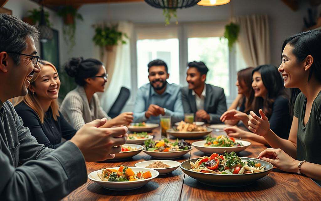 A vibrant dining scene depicting a group of diverse people enjoying a slow meal together at a rustic wooden table. In the foreground, close-up on hands gracefully passing dishes filled with colorful, healthy food, emphasizing the shared experience. In the middle, smiling faces of individuals dressed in modest and professional attire, engaging in conversation and laughter, showcasing a warm and inviting atmosphere. The background features soft, ambient lighting with decorative hanging plants and a cozy dining room ambiance, hinting at a large window letting in gentle sunlight. The overall mood should be harmonious and uplifting, encapsulating the joy of communal eating. A vibrant dining scene depicting a group of diverse people enjoying a slow meal together at a rustic wooden table. In the foreground, close-up on hands gracefully passing dishes filled with colorful, healthy food, emphasizing the shared experience. In the middle, smiling faces of individuals dressed in modest and professional attire, engaging in conversation and laughter, showcasing a warm and inviting atmosphere. The background features soft, ambient lighting with decorative hanging plants and a cozy dining room ambiance, hinting at a large window letting in gentle sunlight. The overall mood should be harmonious and uplifting, encapsulating the joy of communal eating.