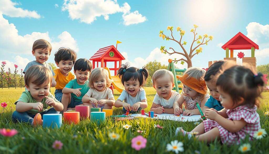 A vibrant, enchanting scene depicting early childhood development, showcasing a joyful outdoor play area. In the foreground, diverse children aged 0-7 are engaged in various playful activities, such as building blocks, drawing with crayons, and climbing on a colorful jungle gym. Their expressions are filled with curiosity and happiness. The middle ground features soft grass, blooming flowers, and a whimsical treehouse, creating a sense of wonder. In the background, a gentle blue sky with fluffy white clouds adds to the serene atmosphere, while a warm sunlight bathes the entire scene in golden hues. The composition uses a wide-angle perspective to capture the lively environment, evoking a nostalgic and joyful mood that embodies the essence of childhood.