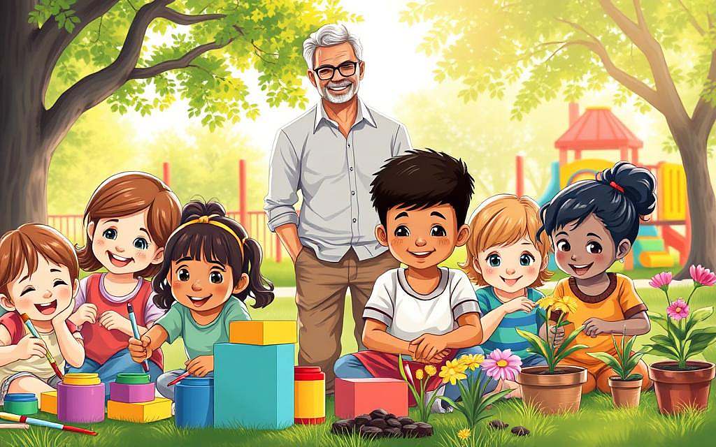 A vibrant illustration depicting the theme of "Initiative vs. Guilt in Childhood." In the foreground, a cheerful, diverse group of children, aged 4 to 7, are engaged in creative activities, such as painting, building with blocks, and planting flowers, all exuding excitement and curiosity. In the middle ground, a wise, gently smiling adult observes, symbolizing guidance and support, dressed in modest casual clothing. The background features a bright and colorful playground with lush greenery, helping to evoke a sense of safety and exploration. Soft, warm sunlight filters through the trees, creating a joyful and nurturing atmosphere. The focus is on the children's expressions of creativity and responsibility, illustrating the concept of initiative, while hints of shadow represent the underlying theme of guilt subtly. A vibrant illustration depicting the theme of "Initiative vs. Guilt in Childhood." In the foreground, a cheerful, diverse group of children, aged 4 to 7, are engaged in creative activities, such as painting, building with blocks, and planting flowers, all exuding excitement and curiosity. In the middle ground, a wise, gently smiling adult observes, symbolizing guidance and support, dressed in modest casual clothing. The background features a bright and colorful playground with lush greenery, helping to evoke a sense of safety and exploration. Soft, warm sunlight filters through the trees, creating a joyful and nurturing atmosphere. The focus is on the children's expressions of creativity and responsibility, illustrating the concept of initiative, while hints of shadow represent the underlying theme of guilt subtly.