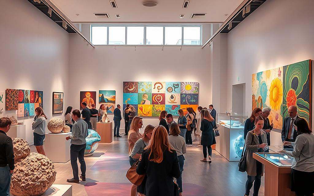 A vibrant multisensory art installation located in a spacious, well-lit gallery. In the foreground, a diverse group of people in professional attire engage with various interactive art pieces, such as textured sculptures and sound installations. The middle ground showcases a colorful array of paintings, each designed to evoke different senses – some incorporating light projections and others featuring aromatic elements. The background presents large windows allowing natural light to flood the space, enhancing the overall atmosphere with a sense of openness and creativity. Soft ambient lighting highlights key artworks, while a warm, inviting color palette creates a mood of exploration and discovery, reflecting the intersection of art, culture, and education. A vibrant multisensory art installation located in a spacious, well-lit gallery. In the foreground, a diverse group of people in professional attire engage with various interactive art pieces, such as textured sculptures and sound installations. The middle ground showcases a colorful array of paintings, each designed to evoke different senses – some incorporating light projections and others featuring aromatic elements. The background presents large windows allowing natural light to flood the space, enhancing the overall atmosphere with a sense of openness and creativity. Soft ambient lighting highlights key artworks, while a warm, inviting color palette creates a mood of exploration and discovery, reflecting the intersection of art, culture, and education.