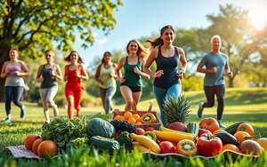A vibrant scene depicting the harmonious relationship between nutrition and exercise, focusing on healthy living. In the foreground, a diverse group of people in modest casual athletic wear, engaging in outdoor exercises like yoga and jogging among lush greenery. In the middle ground, a colorful array of fresh fruits and vegetables displayed on a picnic blanket, symbolizing nutrition. The background features a bright, sunny park with trees and a clear blue sky, enhancing the atmosphere of vitality and health. Soft, natural lighting casts warm tones, creating an uplifting and energetic mood. The composition should evoke a sense of balance and synergy between nourishment and physical activity, with a dynamic angle that draws the viewer into the scene.