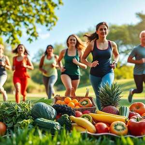 A vibrant scene depicting the harmonious relationship between nutrition and exercise, focusing on healthy living. In the foreground, a diverse group of people in modest casual athletic wear, engaging in outdoor exercises like yoga and jogging among lush greenery. In the middle ground, a colorful array of fresh fruits and vegetables displayed on a picnic blanket, symbolizing nutrition. The background features a bright, sunny park with trees and a clear blue sky, enhancing the atmosphere of vitality and health. Soft, natural lighting casts warm tones, creating an uplifting and energetic mood. The composition should evoke a sense of balance and synergy between nourishment and physical activity, with a dynamic angle that draws the viewer into the scene.