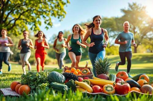 A vibrant scene depicting the harmonious relationship between nutrition and exercise, focusing on healthy living. In the foreground, a diverse group of people in modest casual athletic wear, engaging in outdoor exercises like yoga and jogging among lush greenery. In the middle ground, a colorful array of fresh fruits and vegetables displayed on a picnic blanket, symbolizing nutrition. The background features a bright, sunny park with trees and a clear blue sky, enhancing the atmosphere of vitality and health. Soft, natural lighting casts warm tones, creating an uplifting and energetic mood. The composition should evoke a sense of balance and synergy between nourishment and physical activity, with a dynamic angle that draws the viewer into the scene.