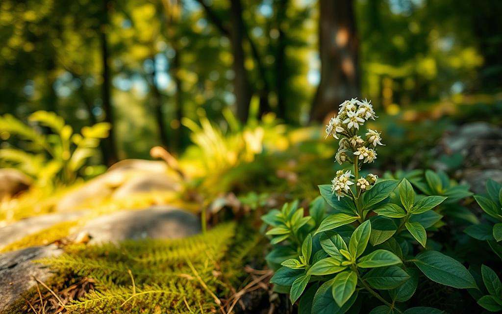 A vibrant scene depicting the “Wasserdost” plant in its natural habitat, showcasing its lush green leaves and delicate clusters of small white flowers. The composition should have the plant prominently in the foreground, with a shallow depth of field to highlight its intricate details. In the middle ground, soft-focus elements like wild ferns and mossy stones create a woodland atmosphere. The background features gently blurred trees, bathed in dappled sunlight filtering through the canopy, enhancing the serene and tranquil mood. The lighting should evoke a sense of a warm, late afternoon, with golden hues casting shadows that emphasize the contours of the flora. The overall image conveys a sense of harmony with nature, inviting viewers to explore the healing properties of this traditional herb. A vibrant scene depicting the “Wasserdost” plant in its natural habitat, showcasing its lush green leaves and delicate clusters of small white flowers. The composition should have the plant prominently in the foreground, with a shallow depth of field to highlight its intricate details. In the middle ground, soft-focus elements like wild ferns and mossy stones create a woodland atmosphere. The background features gently blurred trees, bathed in dappled sunlight filtering through the canopy, enhancing the serene and tranquil mood. The lighting should evoke a sense of a warm, late afternoon, with golden hues casting shadows that emphasize the contours of the flora. The overall image conveys a sense of harmony with nature, inviting viewers to explore the healing properties of this traditional herb.