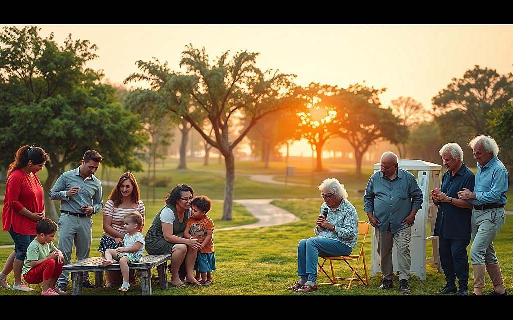 A visual representation of partnerships across different life stages: In the foreground, a diverse group of couples representing varying ages—children playing together, young adults in a collaborative work setting, middle-aged partners enjoying a picnic, and elderly couples sharing stories. The middle layer features a serene park with healthy trees and paths, emphasizing connection and growth. In the background, a soft sunset casts warm, inviting light, creating an uplifting atmosphere. Include soft shadows for depth and a slightly blurred background to enhance focus on the couples. The scene reflects harmony, support, and the evolution of partnerships in life, captured through a medium-wide angle, soft focus lens. A visual representation of partnerships across different life stages: In the foreground, a diverse group of couples representing varying ages—children playing together, young adults in a collaborative work setting, middle-aged partners enjoying a picnic, and elderly couples sharing stories. The middle layer features a serene park with healthy trees and paths, emphasizing connection and growth. In the background, a soft sunset casts warm, inviting light, creating an uplifting atmosphere. Include soft shadows for depth and a slightly blurred background to enhance focus on the couples. The scene reflects harmony, support, and the evolution of partnerships in life, captured through a medium-wide angle, soft focus lens.