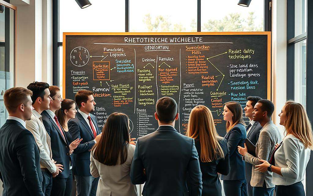 A visually striking illustration representing "Rhetorische Werkzeuge" for a communication article. Foreground: a diverse group of business professionals, both men and women, in smart attire, engaged in animated conversation, showcasing effective use of vocal techniques and gestures. Middle: a large chalkboard displaying diagrams illustrating Framing techniques and Sprachtechniken related to rhetoric, filled with colorful examples. Background: an inspiring modern office setting, with soft natural light filtering through large windows, highlighting the dynamic exchange of ideas. The atmosphere is energetic yet professional, embodying the essence of effective communication and charisma. Capture the scene from a slightly elevated angle to emphasize interaction among the participants without text overlays or distractions. A visually striking illustration representing "Rhetorische Werkzeuge" for a communication article. Foreground: a diverse group of business professionals, both men and women, in smart attire, engaged in animated conversation, showcasing effective use of vocal techniques and gestures. Middle: a large chalkboard displaying diagrams illustrating Framing techniques and Sprachtechniken related to rhetoric, filled with colorful examples. Background: an inspiring modern office setting, with soft natural light filtering through large windows, highlighting the dynamic exchange of ideas. The atmosphere is energetic yet professional, embodying the essence of effective communication and charisma. Capture the scene from a slightly elevated angle to emphasize interaction among the participants without text overlays or distractions.