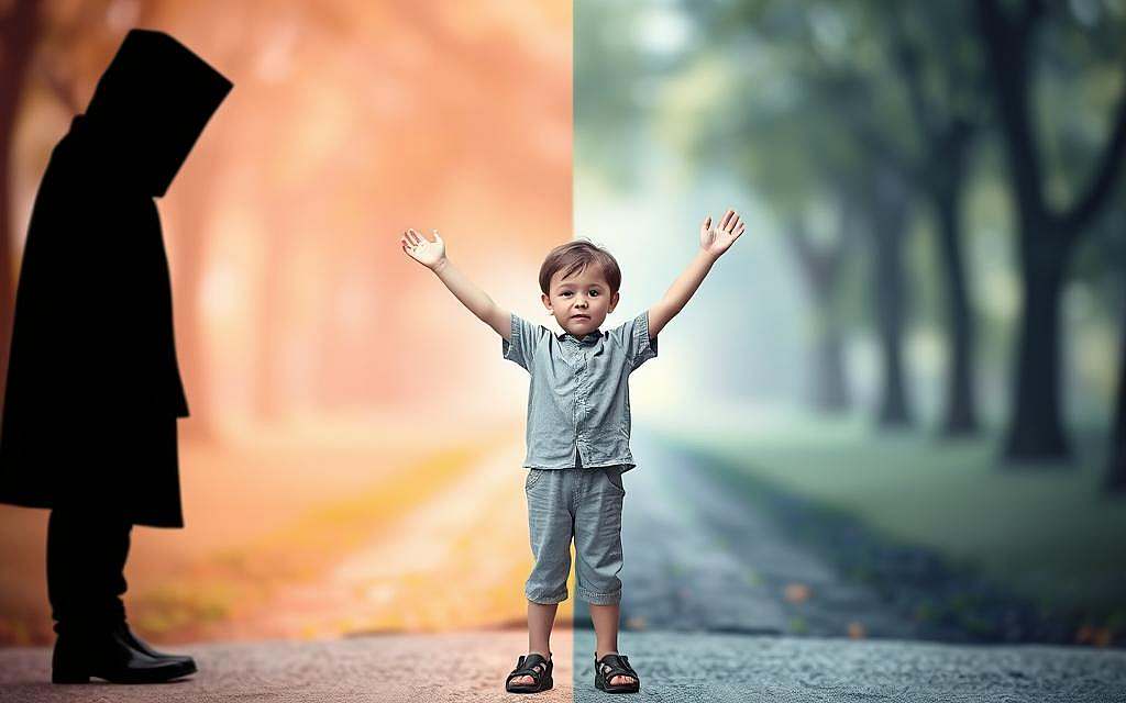 A visually striking representation of "Autonomy vs. Shame and Doubt" in Erik Erikson's psychosocial development theory, featuring a split scene. In the foreground, a confident child stands proudly with arms raised, dressed in modest casual clothing, embodying autonomy. On one side, a shadowy figure looms, representing doubt and shame, with a pained expression, suggesting struggle. In the middle ground, two contrasting pathways are visible: one bright and colorful, symbolizing freedom and self-discovery, and another dark and murky, depicting confusion and insecurity. The background features soft, blurred trees, creating an ethereal atmosphere. Use soft, diffused lighting to enhance the emotional contrast, and implement a slightly elevated angle to capture the depth of the scene, invoking a reflective and introspective mood. A visually striking representation of "Autonomy vs. Shame and Doubt" in Erik Erikson's psychosocial development theory, featuring a split scene. In the foreground, a confident child stands proudly with arms raised, dressed in modest casual clothing, embodying autonomy. On one side, a shadowy figure looms, representing doubt and shame, with a pained expression, suggesting struggle. In the middle ground, two contrasting pathways are visible: one bright and colorful, symbolizing freedom and self-discovery, and another dark and murky, depicting confusion and insecurity. The background features soft, blurred trees, creating an ethereal atmosphere. Use soft, diffused lighting to enhance the emotional contrast, and implement a slightly elevated angle to capture the depth of the scene, invoking a reflective and introspective mood.