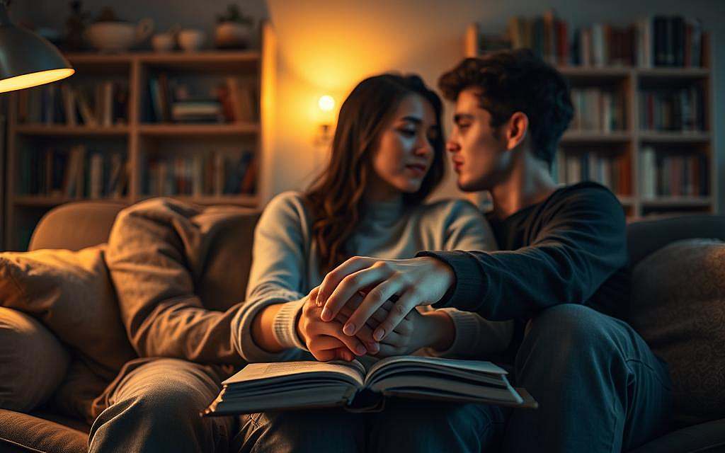 A young adult couple sits closely together on a cozy couch in a warmly lit living room, their expressions reflecting a deep bond while simultaneously conveying a sense of isolation. The foreground features their entwined hands resting on a shared book, symbolizing connection amidst solitude. In the middle, the couple gazes at each other, their faces illuminated by soft, golden light filtering through a nearby window, creating a serene atmosphere. The background includes dimly lit shelves filled with books, hinting at personal growth and exploration, while muted colors evoke introspection. The overall mood is both intimate and contemplative, capturing the delicate balance of intimacy and isolation during young adulthood. A young adult couple sits closely together on a cozy couch in a warmly lit living room, their expressions reflecting a deep bond while simultaneously conveying a sense of isolation. The foreground features their entwined hands resting on a shared book, symbolizing connection amidst solitude. In the middle, the couple gazes at each other, their faces illuminated by soft, golden light filtering through a nearby window, creating a serene atmosphere. The background includes dimly lit shelves filled with books, hinting at personal growth and exploration, while muted colors evoke introspection. The overall mood is both intimate and contemplative, capturing the delicate balance of intimacy and isolation during young adulthood.