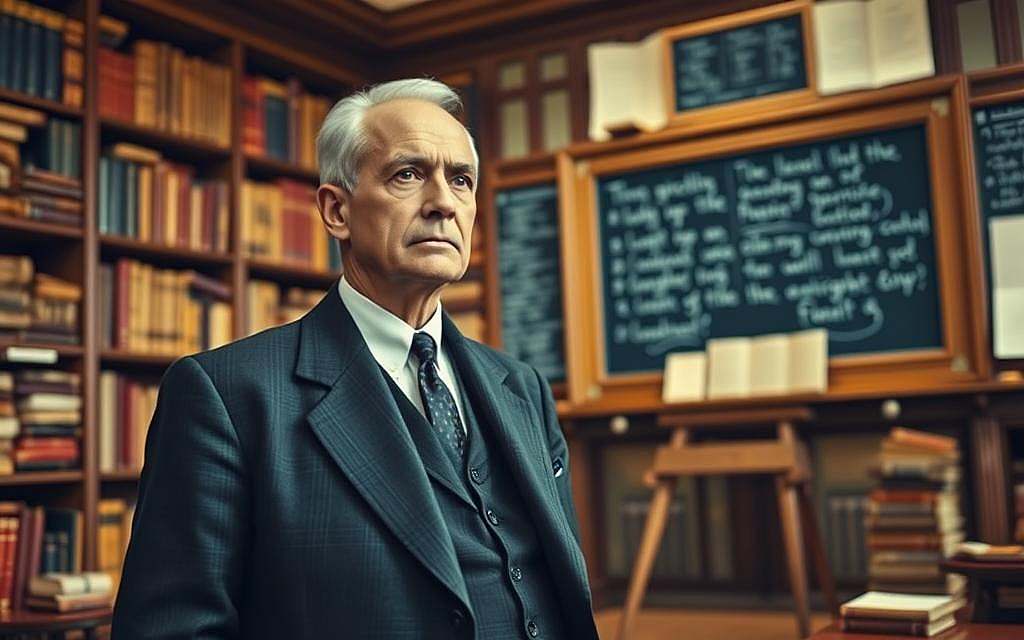 Abraham Flexner, a distinguished figure in early 20th-century medical education reform, stands pensively in a classic university setting, surrounded by aged medical textbooks and historical documents. In the foreground, he is depicted in a tailored suit, reflecting the scholarly nature of his work. The middle ground features a grand library filled with wooden shelves stacked with medical volumes, symbolizing the depth of knowledge and inquiry he championed. The background showcases a vintage chalkboard filled with chalk notes, representing his analytical approach. Soft, warm lighting illuminates the scene, creating a contemplative mood, while a slight focus blurs the edges, drawing attention to Flexner's thoughtful expression. The overall atmosphere conveys the seriousness of medical education, highlighting Flexner's impactful legacy. Abraham Flexner, a distinguished figure in early 20th-century medical education reform, stands pensively in a classic university setting, surrounded by aged medical textbooks and historical documents. In the foreground, he is depicted in a tailored suit, reflecting the scholarly nature of his work. The middle ground features a grand library filled with wooden shelves stacked with medical volumes, symbolizing the depth of knowledge and inquiry he championed. The background showcases a vintage chalkboard filled with chalk notes, representing his analytical approach. Soft, warm lighting illuminates the scene, creating a contemplative mood, while a slight focus blurs the edges, drawing attention to Flexner's thoughtful expression. The overall atmosphere conveys the seriousness of medical education, highlighting Flexner's impactful legacy.