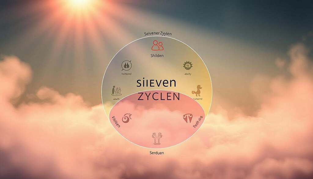 An artistic representation of the "Siebener Zyklen," showcasing seven distinct phases of life, interconnected through a flowing, circular design. In the foreground, there are elegant symbols or icons that represent each life phase (childhood, adolescence, adulthood, etc.), rendered in vibrant colors. The middle layer features a subtle gradient that transitions through a spectrum of hues, symbolizing change and progression, while seamlessly blending the symbols together. In the background, a soft, dreamy landscape evokes a sense of growth and continuity, with light rays filtering through a mist, enhancing the feeling of introspection. The mood is reflective and inspiring, with a focus on harmony and transformation. The lighting is warm and inviting, creating a sense of hope. The composition is balanced and visually pleasing, designed to draw the viewer's eye toward the central concept.