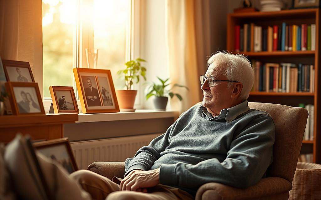 An elderly man sits thoughtfully in a cozy armchair by a window, reflecting on his life. He has a gentle, wise expression, with silver hair and glasses. Surrounding him are framed photographs showcasing his life journey—images of childhood, family, and significant milestones—positioned on a wooden mantle. The room is warmly lit by soft, golden afternoon sunlight streaming through the window, creating a serene atmosphere. In the background, a bookshelf filled with books and memorabilia adds depth to the scene, while a potted plant brings a touch of life. The mood is contemplative and peaceful, evoking feelings of reflection, fulfillment, and the bittersweet nature of aging. The image should avoid any text or overlays, capturing the essence of life review in later years. An elderly man sits thoughtfully in a cozy armchair by a window, reflecting on his life. He has a gentle, wise expression, with silver hair and glasses. Surrounding him are framed photographs showcasing his life journey—images of childhood, family, and significant milestones—positioned on a wooden mantle. The room is warmly lit by soft, golden afternoon sunlight streaming through the window, creating a serene atmosphere. In the background, a bookshelf filled with books and memorabilia adds depth to the scene, while a potted plant brings a touch of life. The mood is contemplative and peaceful, evoking feelings of reflection, fulfillment, and the bittersweet nature of aging. The image should avoid any text or overlays, capturing the essence of life review in later years.