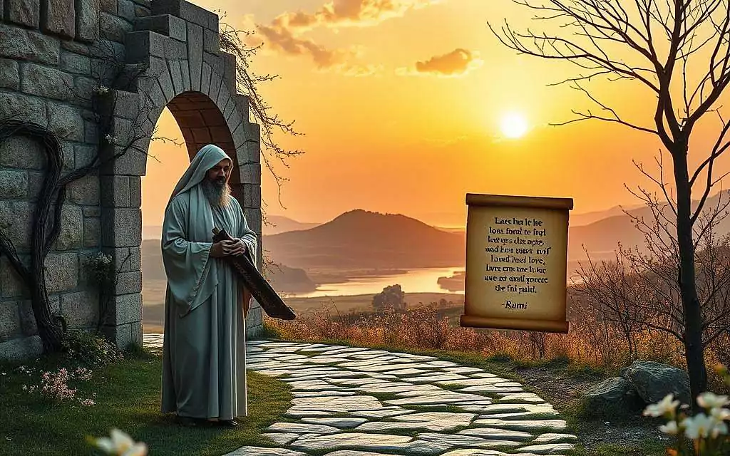 An elegant representation of Rumi’s timeless wisdom, featuring an enchanting, serene landscape with a winding path leading to an ancient stone archway adorned with delicate vines and blossoms. In the foreground, a wise-looking figure dressed in modest, flowing robes, reminiscent of Rumi, holds a scroll inscribed with a famous quote. The middle ground showcases soft hills and a tranquil river reflecting the warm hues of a sunset, symbolizing love and spirituality. In the background, ethereal clouds drift through a golden sky, casting a gentle, diffused light over the scene. The mood is contemplative and uplifting, inviting viewers to reflect on the profound nature of Rumi's teachings. The composition should be captured with a slight depth of field, emphasizing the foreground figure while gently blurring the distant landscape.