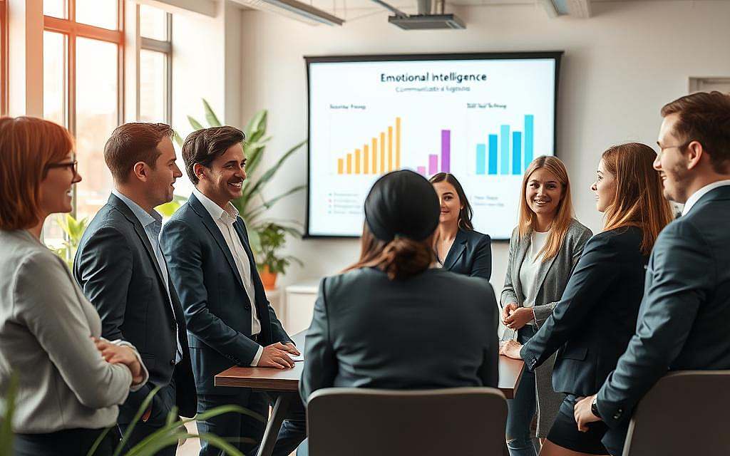 Create a visually engaging scene that illustrates the concept of micro-expressions and behavioral baselines in a modern office setting. In the foreground, depict a professional business meeting where a diverse group of individuals, dressed in smart casual attire, are engaged in active discussion. Focus on their facial expressions and subtle body language to convey empathy and understanding, capturing a range of micro-expressions. In the middle ground, a large presentation screen displays graphs of emotional intelligence and communication techniques, serving as a reference point for the participants. The background features a bright, well-lit office space with plants, soft colors, and natural light streaming through large windows, creating a warm and inviting atmosphere. Use a slight tilt-angle perspective to enhance dynamism and capture the engaging interaction. Create a visually engaging scene that illustrates the concept of micro-expressions and behavioral baselines in a modern office setting. In the foreground, depict a professional business meeting where a diverse group of individuals, dressed in smart casual attire, are engaged in active discussion. Focus on their facial expressions and subtle body language to convey empathy and understanding, capturing a range of micro-expressions. In the middle ground, a large presentation screen displays graphs of emotional intelligence and communication techniques, serving as a reference point for the participants. The background features a bright, well-lit office space with plants, soft colors, and natural light streaming through large windows, creating a warm and inviting atmosphere. Use a slight tilt-angle perspective to enhance dynamism and capture the engaging interaction.