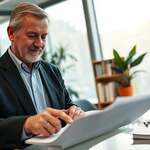 O. Carl Simonton, an older Caucasian male with a warm, thoughtful expression, wearing a dark suit and light blue shirt, stands in a modern medical office setting. In the foreground, he is focused on a medical chart, highlighting his dedication to patient care. The middle ground features a sleek desk scattered with books and medical journals related to oncology and mind-body medicine, symbolizing his innovative contributions. The background reveals large windows allowing soft, diffused natural light to illuminate the space, creating a calm and professional atmosphere. A potted plant adds a touch of life to the environment, reflecting Simonton's holistic approach to healthcare. The angle captures him from a slightly low perspective, emphasizing his authority and passion in the medical field, as he engages with his work.