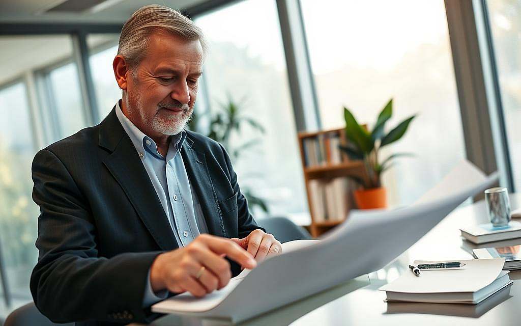 O. Carl Simonton, an older Caucasian male with a warm, thoughtful expression, wearing a dark suit and light blue shirt, stands in a modern medical office setting. In the foreground, he is focused on a medical chart, highlighting his dedication to patient care. The middle ground features a sleek desk scattered with books and medical journals related to oncology and mind-body medicine, symbolizing his innovative contributions. The background reveals large windows allowing soft, diffused natural light to illuminate the space, creating a calm and professional atmosphere. A potted plant adds a touch of life to the environment, reflecting Simonton's holistic approach to healthcare. The angle captures him from a slightly low perspective, emphasizing his authority and passion in the medical field, as he engages with his work.