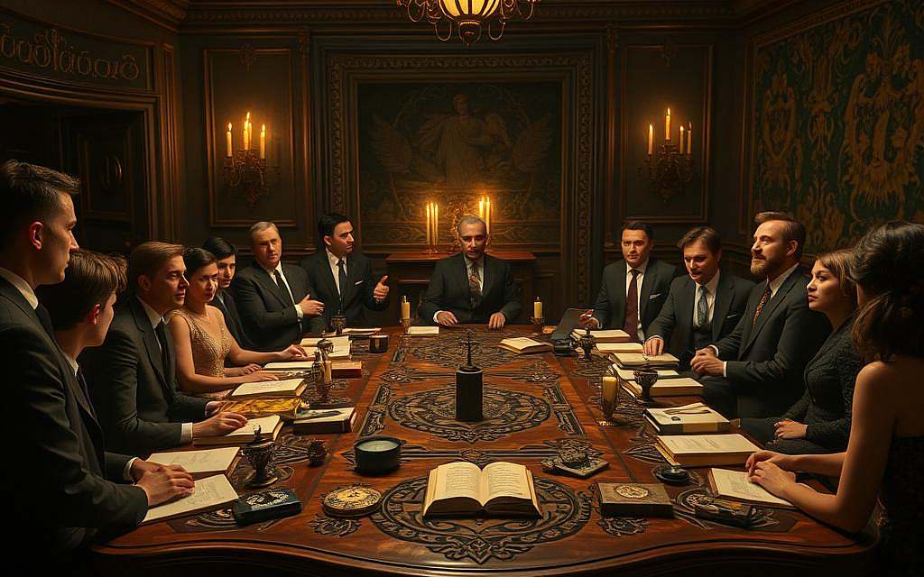 The founding meeting of the Vril Society in a dimly lit, ornate conference room. In the foreground, a diverse group of elegantly dressed individuals in 1920s attire, engaged in animated discussion, with expressions of intrigue and motivation. The middle ground features a large, intricately carved wooden table scattered with books, mystical symbols, and esoteric artifacts, hinting at their ideals. In the background, shadows cast by flickering candlelight dance on the walls adorned with mysterious tapestries. The atmosphere is charged with a sense of secrecy and the pursuit of hidden knowledge. Capture the scene from a slightly elevated angle, reminiscent of an historical painting, with warm lighting that creates depth and nostalgia. The founding meeting of the Vril Society in a dimly lit, ornate conference room. In the foreground, a diverse group of elegantly dressed individuals in 1920s attire, engaged in animated discussion, with expressions of intrigue and motivation. The middle ground features a large, intricately carved wooden table scattered with books, mystical symbols, and esoteric artifacts, hinting at their ideals. In the background, shadows cast by flickering candlelight dance on the walls adorned with mysterious tapestries. The atmosphere is charged with a sense of secrecy and the pursuit of hidden knowledge. Capture the scene from a slightly elevated angle, reminiscent of an historical painting, with warm lighting that creates depth and nostalgia.