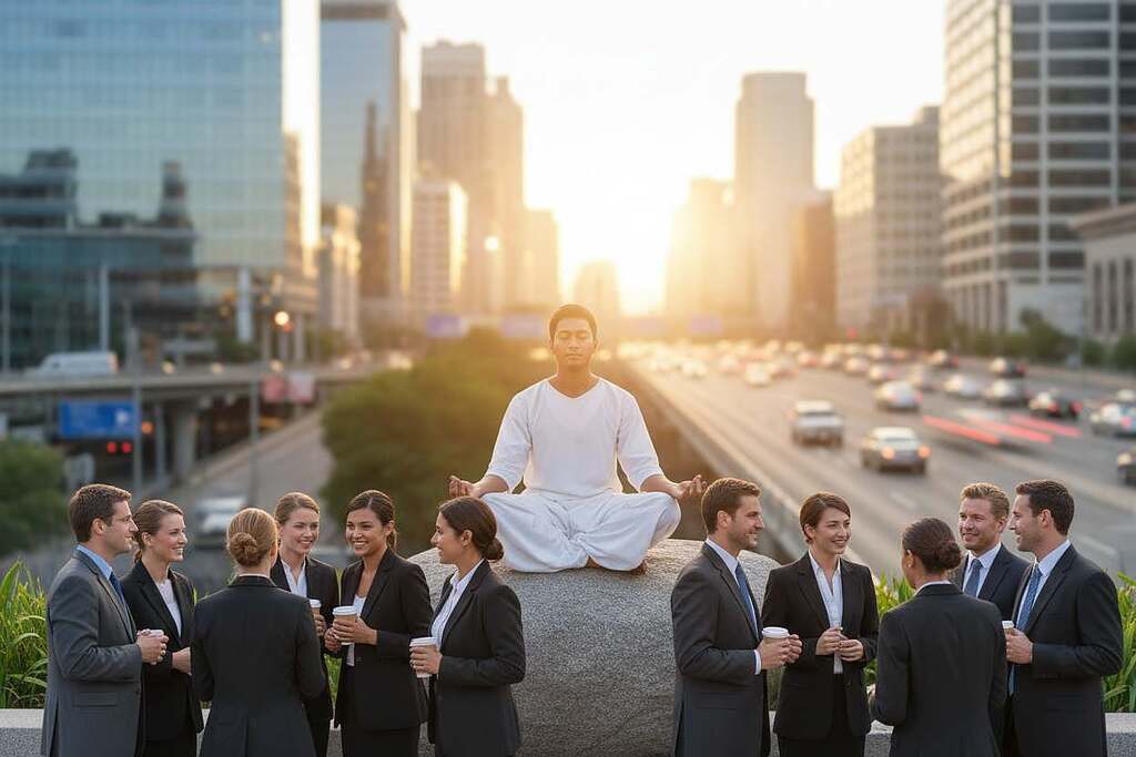 A balanced composition illustrating the concept of "Social Proof." In the foreground, a diverse group of individuals in professional business attire, engaging in thoughtful conversations, representing collective decision-making. In the middle ground, a person sitting alone, meditating, conveying the theme of individual spiritual awakening. The background features a blurred urban environment, symbolizing the bustling society and the contrast between the herd mentality and personal introspection. Soft, warm lighting creates an inviting atmosphere, enhancing the mood of reflection and connection. A wide-angle view captures the scene, emphasizing the interaction between the groups while maintaining focus on the solitary figure. A balanced composition illustrating the concept of "Social Proof." In the foreground, a diverse group of individuals in professional business attire, engaging in thoughtful conversations, representing collective decision-making. In the middle ground, a person sitting alone, meditating, conveying the theme of individual spiritual awakening. The background features a blurred urban environment, symbolizing the bustling society and the contrast between the herd mentality and personal introspection. Soft, warm lighting creates an inviting atmosphere, enhancing the mood of reflection and connection. A wide-angle view captures the scene, emphasizing the interaction between the groups while maintaining focus on the solitary figure.