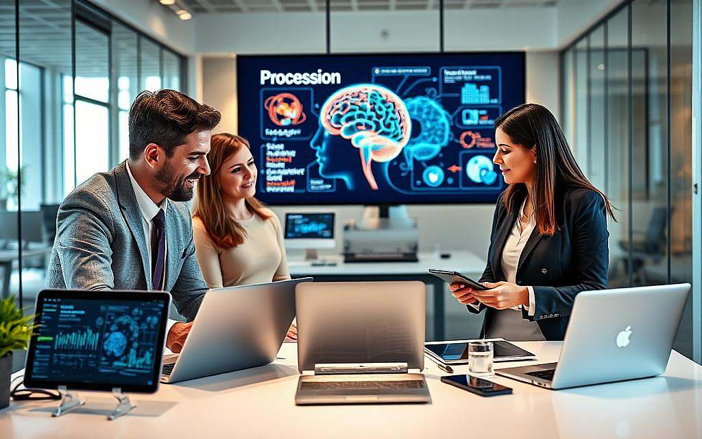 A beautifully designed workspace illustrating the theme of "Information Processing and Language Skills." In the foreground, a diverse group of three professionals, a man and two women, are engaged in a collaborative discussion, dressed in smart business attire. They are surrounded by various digital devices, like laptops and tablets displaying complex data and language models. In the middle, a large interactive screen showcases vibrant infographics of brain functions related to language processing, with neural pathways illuminated. The background features a modern office environment with glass walls, natural light filtering through, giving a warm and inviting atmosphere. The image should convey a sense of teamwork, innovation, and intellectual engagement, with soft shadows and a balanced composition that emphasizes clarity and focus. A beautifully designed workspace illustrating the theme of "Information Processing and Language Skills." In the foreground, a diverse group of three professionals, a man and two women, are engaged in a collaborative discussion, dressed in smart business attire. They are surrounded by various digital devices, like laptops and tablets displaying complex data and language models. In the middle, a large interactive screen showcases vibrant infographics of brain functions related to language processing, with neural pathways illuminated. The background features a modern office environment with glass walls, natural light filtering through, giving a warm and inviting atmosphere. The image should convey a sense of teamwork, innovation, and intellectual engagement, with soft shadows and a balanced composition that emphasizes clarity and focus.