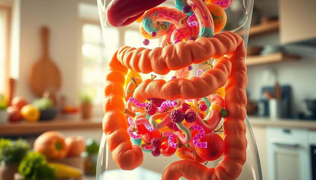 A close-up view of a healthy human digestive system, artistically represented with vibrant colors illustrating gut flora thriving within the intestines. Place the intestines prominently in the foreground, showcasing a diverse array of beneficial bacteria, reflected in an immersive scene of swirling colors and shapes that symbolize metabolic health. In the middle ground, incorporate imagery of fresh, colorful fruits and vegetables intertwined with the intestines, emphasizing their importance in gut health. The background should feature a soft-focus kitchen setting, warmly lit with natural sunlight filtering through a window, creating a cozy and inviting atmosphere. Use a slightly elevated angle to capture the dynamic interplay between the gut and the nourishing foods, aiming for an overall mood of vitality and balance.