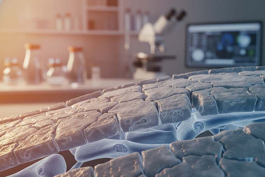 A close-up view of human cartilage changes related to osteoarthritis, showcasing detailed textures and structures. The foreground features a realistic representation of cartilage tissue, with cracks and fraying edges highlighting degeneration. In the middle ground, subtle illustrations of adjacent bone structures can be seen, illustrating the interaction and impact of osteoarthritis. The background fades into a soft, blurred depiction of a clinical environment, emphasizing a medical atmosphere. The lighting is warm, casting gentle shadows to enhance the depth and texture of the cartilage. Capture the mood of scientific exploration and understanding, aiming for a detailed, educational representation that conveys the seriousness of cartilage changes associated with joint diseases. A close-up view of human cartilage changes related to osteoarthritis, showcasing detailed textures and structures. The foreground features a realistic representation of cartilage tissue, with cracks and fraying edges highlighting degeneration. In the middle ground, subtle illustrations of adjacent bone structures can be seen, illustrating the interaction and impact of osteoarthritis. The background fades into a soft, blurred depiction of a clinical environment, emphasizing a medical atmosphere. The lighting is warm, casting gentle shadows to enhance the depth and texture of the cartilage. Capture the mood of scientific exploration and understanding, aiming for a detailed, educational representation that conveys the seriousness of cartilage changes associated with joint diseases.