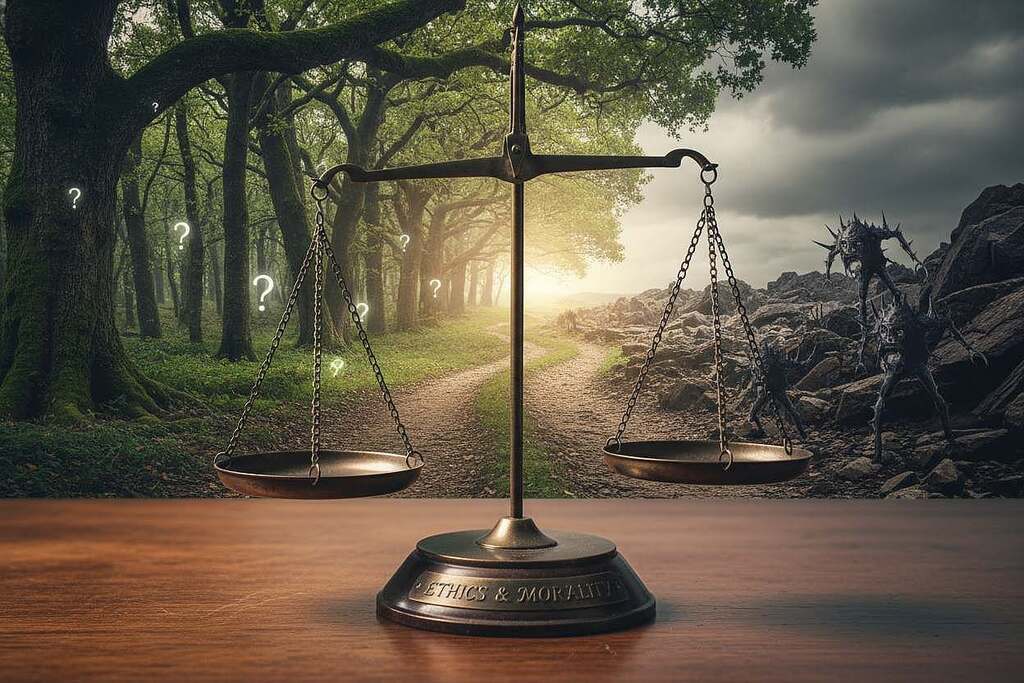 A conceptual representation of "Ethics and Morality" featuring a balanced scale in the foreground, symbolizing justice, placed on a polished wooden table. The middle ground showcases two distinct paths diverging from the scale, one adorned with lush green forests representing ethical dilemmas, while the other is bare and rocky, depicting moral challenges. In the background, a soft light filters through the trees, illuminating the paths and creating a serene atmosphere. The scene captures the tension between right and wrong, with a slightly blurred depth of field to emphasize the foreground. The composition is shot from a low angle to give a sense of depth and importance to the scales, evoking a mood of contemplation and introspection. The color palette is warm and earthy, enhancing the reflective nature of the subject. A conceptual representation of "Ethics and Morality" featuring a balanced scale in the foreground, symbolizing justice, placed on a polished wooden table. The middle ground showcases two distinct paths diverging from the scale, one adorned with lush green forests representing ethical dilemmas, while the other is bare and rocky, depicting moral challenges. In the background, a soft light filters through the trees, illuminating the paths and creating a serene atmosphere. The scene captures the tension between right and wrong, with a slightly blurred depth of field to emphasize the foreground. The composition is shot from a low angle to give a sense of depth and importance to the scales, evoking a mood of contemplation and introspection. The color palette is warm and earthy, enhancing the reflective nature of the subject.
