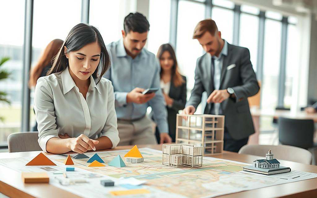 A conceptual visualization of spatial thinking and orientation strategies, featuring a diverse group of individuals engaged in problem-solving tasks. In the foreground, a focused woman in professional attire is using geometric shapes and maps laid out on a table, illustrating her analytical approach. In the middle ground, a man is manipulating a 3D model, highlighting hands-on spatial interaction. The background showcases a modern office environment with large windows, allowing natural light to pour in and create a bright, open atmosphere. The image should have a clear focus, shot at eye level, showcasing the subjects’ concentration and collaboration. The overall mood should be one of intellectual engagement and teamwork, reflecting the dynamics of gendered approaches to spatial reasoning. A conceptual visualization of spatial thinking and orientation strategies, featuring a diverse group of individuals engaged in problem-solving tasks. In the foreground, a focused woman in professional attire is using geometric shapes and maps laid out on a table, illustrating her analytical approach. In the middle ground, a man is manipulating a 3D model, highlighting hands-on spatial interaction. The background showcases a modern office environment with large windows, allowing natural light to pour in and create a bright, open atmosphere. The image should have a clear focus, shot at eye level, showcasing the subjects’ concentration and collaboration. The overall mood should be one of intellectual engagement and teamwork, reflecting the dynamics of gendered approaches to spatial reasoning.
