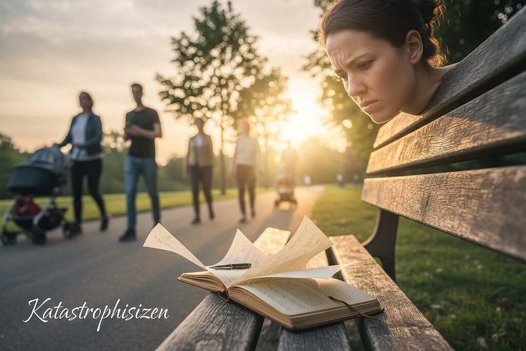 A contemplative individual sits on a park bench, their face reflecting a mix of worry and introspection. In the foreground, a journal lies open beside them, pages fluttering in the light breeze, symbolizing thoughts and worries spilling out. The middle ground features blurred figures walking by, absorbed in their own lives, suggesting the passage of time and distraction. The background showcases a gentle landscape of trees and a sunrise, imbuing the scene with hope and serenity. Soft, warm lighting creates a soothing atmosphere, while a slight lens blur adds depth. The mood is reflective yet promising, capturing the essence of "Katastrophisieren": the tension between fear of the future and the grounding presence in the moment. A contemplative individual sits on a park bench, their face reflecting a mix of worry and introspection. In the foreground, a journal lies open beside them, pages fluttering in the light breeze, symbolizing thoughts and worries spilling out. The middle ground features blurred figures walking by, absorbed in their own lives, suggesting the passage of time and distraction. The background showcases a gentle landscape of trees and a sunrise, imbuing the scene with hope and serenity. Soft, warm lighting creates a soothing atmosphere, while a slight lens blur adds depth. The mood is reflective yet promising, capturing the essence of "Katastrophisieren": the tension between fear of the future and the grounding presence in the moment.
