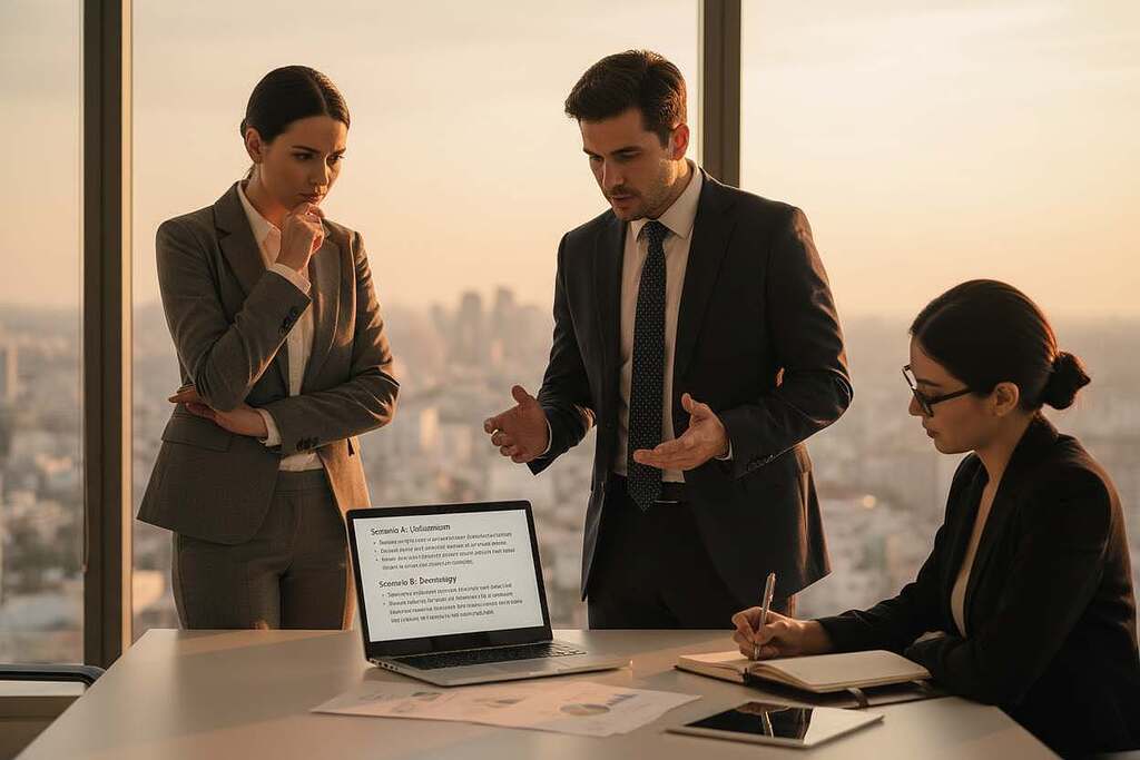 A contemplative scene depicting a group of diverse professionals in a modern office setting, engaged in a deep discussion about moral dilemmas. In the foreground, a thoughtful woman in professional attire stands beside an open laptop, her brow furrowed as she analyzes contrasting ethical scenarios displayed on the screen. To her right, a man in a suit gestures thoughtfully, while another colleague, seated, takes notes. The background features a large window showing a cityscape with a sunset, casting warm light that creates a serious yet hopeful atmosphere. The scene captures the tension of decision-making, illustrating the careful balance between right and wrong. The composition is sharp, with a focus that draws the viewer into the intensity of the discussion. A contemplative scene depicting a group of diverse professionals in a modern office setting, engaged in a deep discussion about moral dilemmas. In the foreground, a thoughtful woman in professional attire stands beside an open laptop, her brow furrowed as she analyzes contrasting ethical scenarios displayed on the screen. To her right, a man in a suit gestures thoughtfully, while another colleague, seated, takes notes. The background features a large window showing a cityscape with a sunset, casting warm light that creates a serious yet hopeful atmosphere. The scene captures the tension of decision-making, illustrating the careful balance between right and wrong. The composition is sharp, with a focus that draws the viewer into the intensity of the discussion.