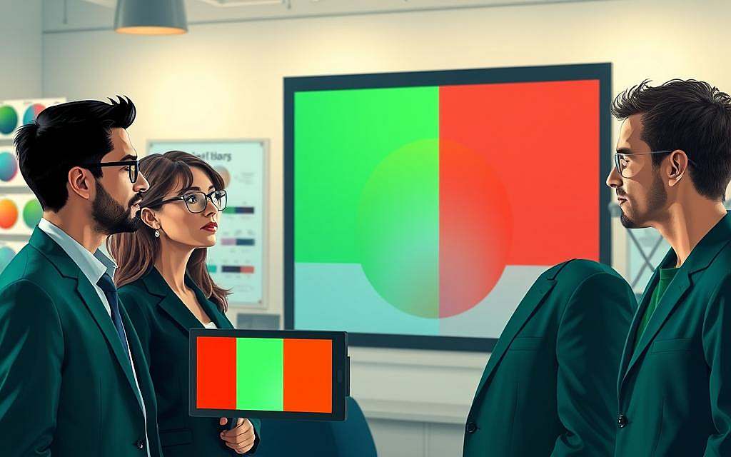 A detailed illustration showcasing the nuances of color perception, particularly focusing on the differences in red-green differentiation among individuals. In the foreground, a diverse group of three professionals—one male, one female, and one non-binary—are observing vibrant color samples on a digital screen, dressed in smart business attire. Their expressions reflect curiosity and intrigue. The middle ground features a large, clear display of red and green shades, with contrasting tones highlighted to emphasize differentiation. In the background, a softly lit laboratory setting is visible, featuring color wheel charts and scientific equipment, contributing to a professional atmosphere. The lighting is warm and inviting, casting gentle shadows to enhance the depth. Overall, the mood is analytical and engaging, inviting viewers into the exploration of color perception differences. A detailed illustration showcasing the nuances of color perception, particularly focusing on the differences in red-green differentiation among individuals. In the foreground, a diverse group of three professionals—one male, one female, and one non-binary—are observing vibrant color samples on a digital screen, dressed in smart business attire. Their expressions reflect curiosity and intrigue. The middle ground features a large, clear display of red and green shades, with contrasting tones highlighted to emphasize differentiation. In the background, a softly lit laboratory setting is visible, featuring color wheel charts and scientific equipment, contributing to a professional atmosphere. The lighting is warm and inviting, casting gentle shadows to enhance the depth. Overall, the mood is analytical and engaging, inviting viewers into the exploration of color perception differences.