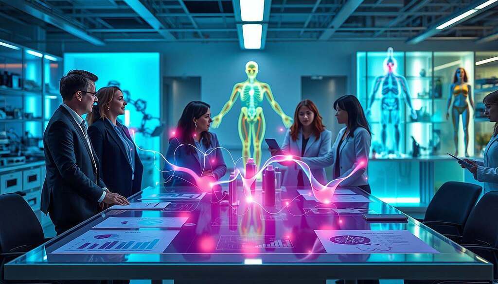 A dynamic composition illustrating the intricate relationship between hormones and metabolic regulation. In the foreground, a diverse group of professionals in business attire, engaged in animated discussion around a sleek table, with graphs, and charts showcasing metabolic processes. In the middle, visual representations of key hormones like insulin and glucagon, symbolized as vibrant flowing lines or ethereal forms connecting to human silhouettes. The background features a high-tech laboratory, glowing with soft blue and green lighting, filled with scientific equipment and organic models of the human body emphasizing metabolic pathways. Capture the scene from a slightly elevated angle to create depth, conveying a sense of collaboration and innovation in metabolic health. The overall mood should be inspiring and forward-thinking, celebrating the role of hormones as conductors in the symphony of metabolic regulation.