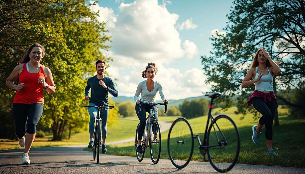 A dynamic scene illustrating "Movement and Metabolism." In the foreground, a diverse group of three individuals engaged in various forms of exercise, such as jogging, cycling, and performing yoga, all dressed in professional athletic attire. Their expressions reflect determination and focus. In the middle ground, a serene park setting with green trees, sunlight filtering through the leaves, and a path winding through the scene. In the background, soft silhouettes of rolling hills and a bright blue sky with fluffy white clouds. The lighting is warm and inviting, creating a motivational atmosphere that captures the essence of fitness and metabolic health. Shot from a slightly elevated perspective to enhance depth and movement in the composition.