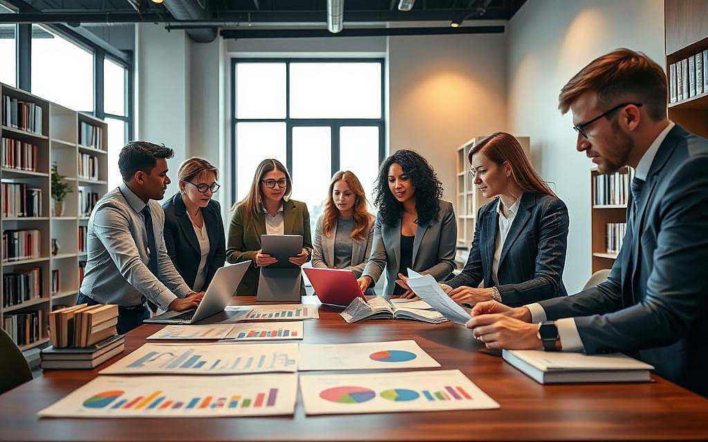 A focused research scene in a modern office environment, featuring a diverse group of male and female researchers in professional business attire, engaged in collaborative discussions over academic papers and data charts. In the foreground, a table displays colorful charts and graphs illustrating gender-based research findings. In the middle ground, researchers express curiosity and debate while analyzing data on laptops, surrounded by bookshelves filled with academic texts. The background showcases a large window with natural light streaming in, enhancing a calm yet intellectually stimulating atmosphere. The lighting is warm and inviting, creating a sense of focused productivity, with the angle emphasizing the teamwork and engagement of the researchers. A focused research scene in a modern office environment, featuring a diverse group of male and female researchers in professional business attire, engaged in collaborative discussions over academic papers and data charts. In the foreground, a table displays colorful charts and graphs illustrating gender-based research findings. In the middle ground, researchers express curiosity and debate while analyzing data on laptops, surrounded by bookshelves filled with academic texts. The background showcases a large window with natural light streaming in, enhancing a calm yet intellectually stimulating atmosphere. The lighting is warm and inviting, creating a sense of focused productivity, with the angle emphasizing the teamwork and engagement of the researchers.