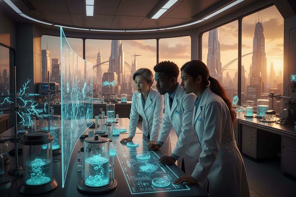 A futuristic laboratory scene focusing on cartilage regeneration strategies. In the foreground, a diverse group of scientists in professional attire, including a middle-aged Asian woman and a young Black man, examine microscopic images of cartilage cells on a large digital screen, deep in discussion. In the middle ground, laboratory equipment is visible, such as petri dishes and growth factor vials, with bioluminescent elements indicating cellular activity. The background features a high-tech environment with large windows showing a skyline view, symbolizing progress and innovation. Soft, diffused lighting illuminates the lab, creating an atmosphere of exploration and hope. The angle should provide a dynamic view of the researchers working collaboratively, emphasizing teamwork in the field of regenerative medicine. A futuristic laboratory scene focusing on cartilage regeneration strategies. In the foreground, a diverse group of scientists in professional attire, including a middle-aged Asian woman and a young Black man, examine microscopic images of cartilage cells on a large digital screen, deep in discussion. In the middle ground, laboratory equipment is visible, such as petri dishes and growth factor vials, with bioluminescent elements indicating cellular activity. The background features a high-tech environment with large windows showing a skyline view, symbolizing progress and innovation. Soft, diffused lighting illuminates the lab, creating an atmosphere of exploration and hope. The angle should provide a dynamic view of the researchers working collaboratively, emphasizing teamwork in the field of regenerative medicine.