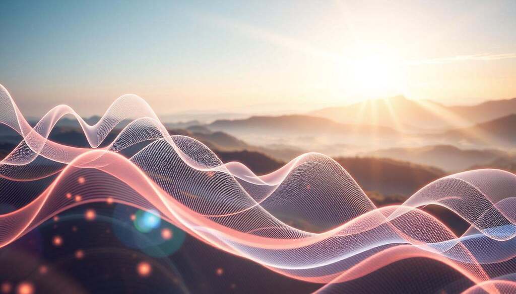 A mesmerizing visualization of frequencies and vibrations, featuring dynamic waveforms elegantly flowing through the image. In the foreground, intricate soundwave patterns intertwine and overlap, representing connection, with a soft glow emanating from their intersection points. The middle ground is filled with swirling colors, creating a sense of depth, while ethereal light rays filter through, illuminating the scene. In the background, a serene landscape with gentle hills and a clear, expansive sky sets a tranquil mood, symbolizing harmony and unity. The lighting is soft and diffused, giving the image a dreamlike quality. Capture this scene from a slightly elevated angle, allowing the viewer to immerse themselves in the beauty of connectivity through frequencies and vibrations.