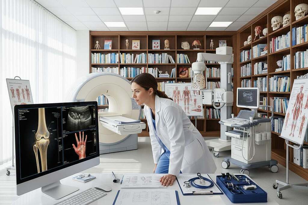 A modern medical diagnostic imaging room featuring advanced imaging equipment such as an MRI machine, X-ray machines, and ultrasound devices. In the foreground, a focused medical professional in a lab coat is reviewing images on a computer screen, displaying clear images of joints affected by arthritis and arthrosis. In the middle ground, various medical tools and charts related to diagnostic methods can be seen, emphasizing a clinical environment. The background should depict shelves filled with medical textbooks and anatomical models, creating an atmosphere of professionalism and dedicated research. Bright, natural lighting streams through large windows, lending a clean and hopeful mood to the scene, while maintaining an organized and efficient feel. A modern medical diagnostic imaging room featuring advanced imaging equipment such as an MRI machine, X-ray machines, and ultrasound devices. In the foreground, a focused medical professional in a lab coat is reviewing images on a computer screen, displaying clear images of joints affected by arthritis and arthrosis. In the middle ground, various medical tools and charts related to diagnostic methods can be seen, emphasizing a clinical environment. The background should depict shelves filled with medical textbooks and anatomical models, creating an atmosphere of professionalism and dedicated research. Bright, natural lighting streams through large windows, lending a clean and hopeful mood to the scene, while maintaining an organized and efficient feel.