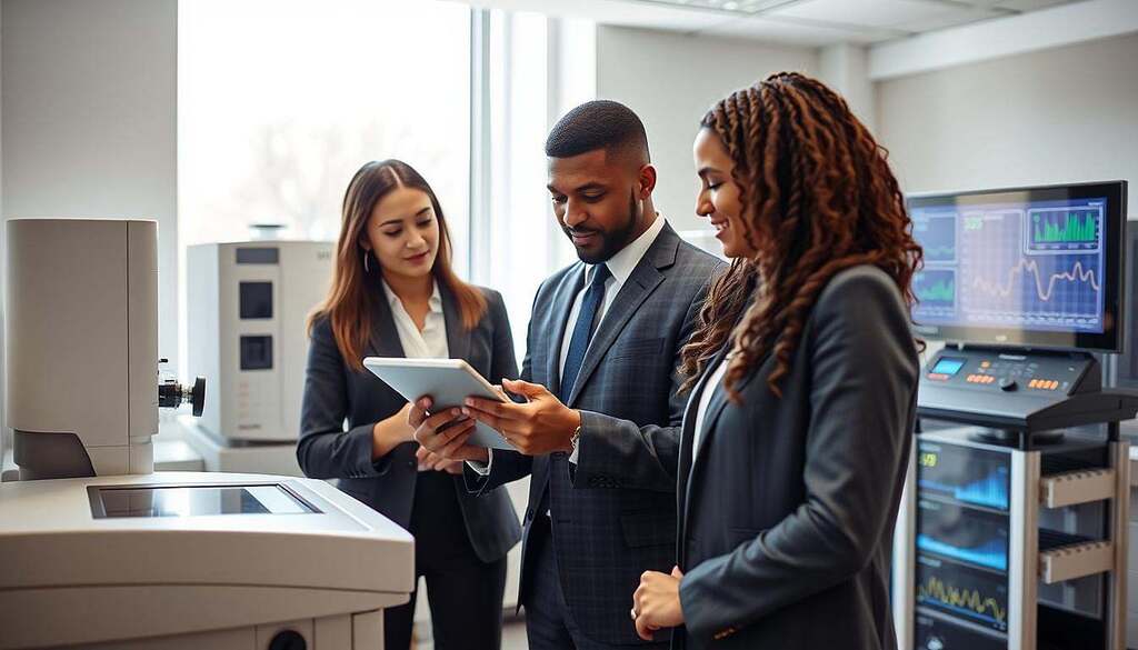 A modern, well-lit laboratory setting highlighting metabolic tests. In the foreground, a diverse group of three professionals in business attire, focused on interpreting data on a digital tablet. The middle ground features advanced metabolic testing equipment like a gas analyzer and metabolic cart, with colorful graphs displayed on screens. In the background, a large window allows soft, natural light to fill the room, casting gentle shadows that enhance the analytical atmosphere. The image conveys a sense of collaboration and discovery, with an emphasis on health, science, and innovation. The overall mood is professional and encouraging, depicting a holistic approach to weight regulation and metabolic optimization.