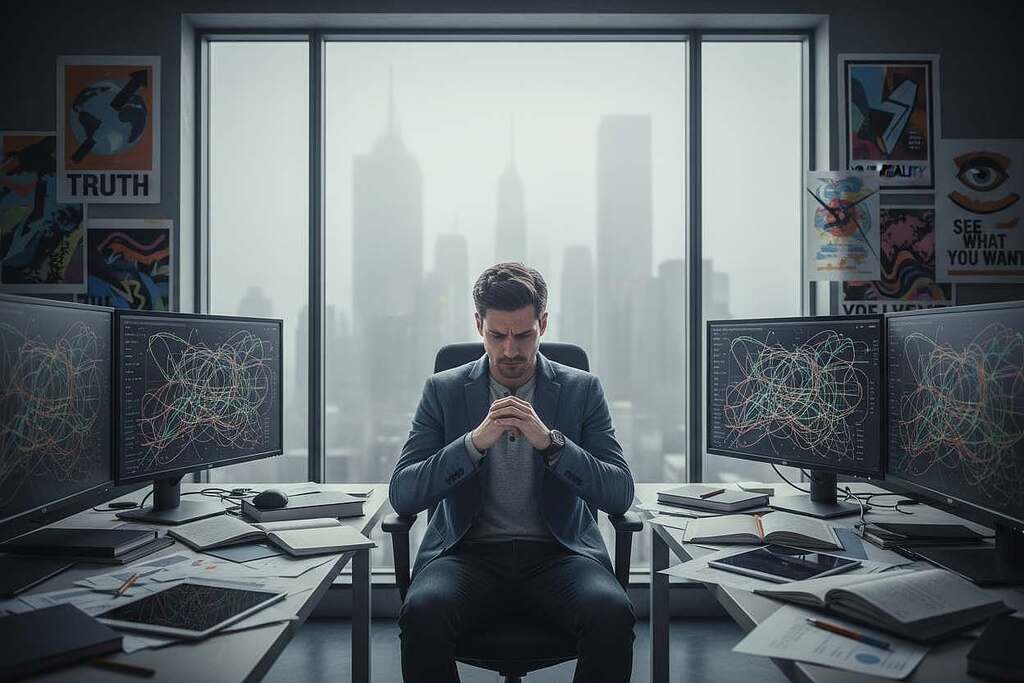 A person seated at a desk in a modern office, deeply focused, surrounded by a chaotic array of papers and data visualizations on screens. The foreground features their furrowed brow and hands clasped together in thought, dressed in smart casual attire. In the middle ground, a large window reveals an abstract cityscape shrouded in fog, symbolizing confusion and restriction. In the background, vibrant and contrasting posters on the walls represent various beliefs and opinions, blurring the boundaries between truth and perspective. The lighting is soft and moody, casting gentle shadows, creating an introspective atmosphere. The overall composition evokes a sense of entrapment within one's own mind, illustrating the concept of confirmation bias vividly. A person seated at a desk in a modern office, deeply focused, surrounded by a chaotic array of papers and data visualizations on screens. The foreground features their furrowed brow and hands clasped together in thought, dressed in smart casual attire. In the middle ground, a large window reveals an abstract cityscape shrouded in fog, symbolizing confusion and restriction. In the background, vibrant and contrasting posters on the walls represent various beliefs and opinions, blurring the boundaries between truth and perspective. The lighting is soft and moody, casting gentle shadows, creating an introspective atmosphere. The overall composition evokes a sense of entrapment within one's own mind, illustrating the concept of confirmation bias vividly.