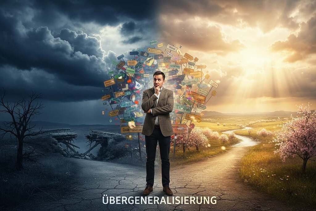 A person standing at a crossroads, expressing confusion and contemplation, embodies the essence of "Übergeneralisierung." In the foreground, a figure in smart casual attire looks torn between two divergent paths, one leading to a dark, stormy atmosphere symbolizing despair, while the other offers a luminous, vibrant landscape representing hope and clarity. In the middle ground, signs indicating various life choices blur, merging into an abstract storm of swirling thoughts, illustrating overwhelming emotions. The background features a tempestuous sky with dark clouds, contrasting sharply with rays of sunlight breaking through, suggesting a breakthrough moment. Use soft, diffused lighting to create an introspective mood, making the viewer feel the weight of decision-making, captured from a slightly elevated angle to enhance the dramatic atmosphere. A person standing at a crossroads, expressing confusion and contemplation, embodies the essence of "Übergeneralisierung." In the foreground, a figure in smart casual attire looks torn between two divergent paths, one leading to a dark, stormy atmosphere symbolizing despair, while the other offers a luminous, vibrant landscape representing hope and clarity. In the middle ground, signs indicating various life choices blur, merging into an abstract storm of swirling thoughts, illustrating overwhelming emotions. The background features a tempestuous sky with dark clouds, contrasting sharply with rays of sunlight breaking through, suggesting a breakthrough moment. Use soft, diffused lighting to create an introspective mood, making the viewer feel the weight of decision-making, captured from a slightly elevated angle to enhance the dramatic atmosphere.