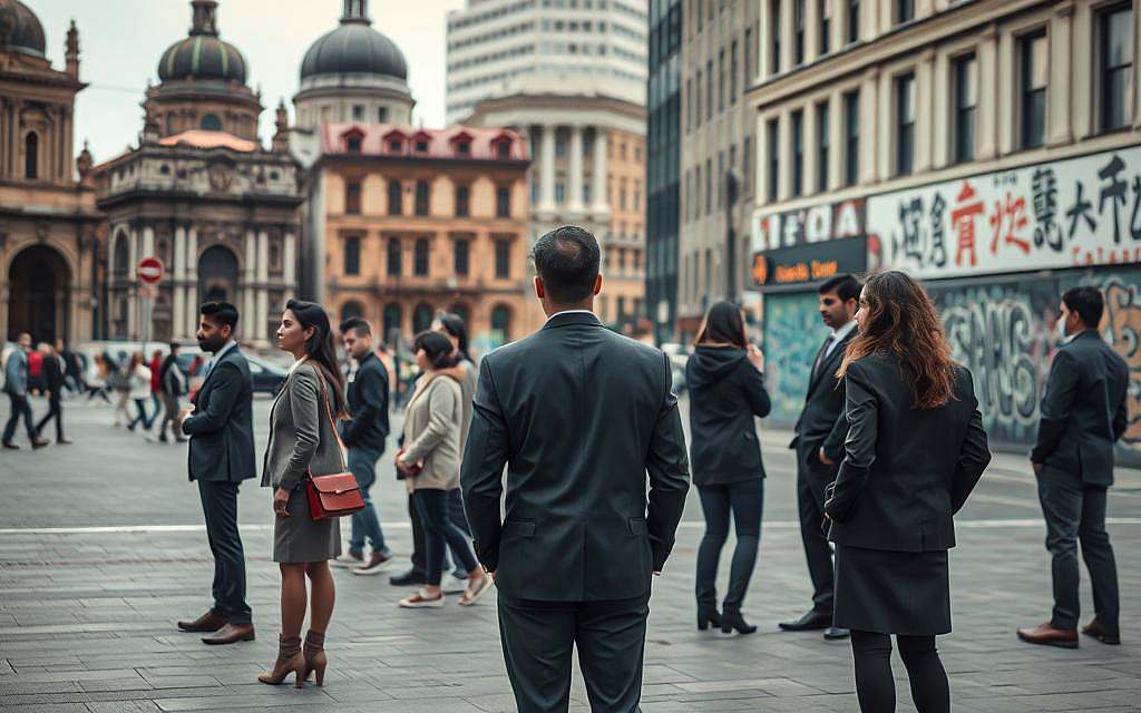 A poignant depiction of cultural alienation in an urban setting. In the foreground, a diverse group of individuals in professional business attire stands apart, each deep in thought, reflecting feelings of isolation amid a bustling city. The middle ground features contrasting elements, such as historical architecture and modern buildings, symbolizing the clash of traditions and contemporary life. In the background, a subtle blend of cultural symbols and graffiti art hints at the struggle for identity. Soft, diffused lighting creates a melancholic yet hopeful atmosphere, while a slightly elevated angle captures the scene, emphasizing the distance between the individuals and their environment. The overall mood is one of introspection and complexity, representing the challenges faced by migrants in integration processes. A poignant depiction of cultural alienation in an urban setting. In the foreground, a diverse group of individuals in professional business attire stands apart, each deep in thought, reflecting feelings of isolation amid a bustling city. The middle ground features contrasting elements, such as historical architecture and modern buildings, symbolizing the clash of traditions and contemporary life. In the background, a subtle blend of cultural symbols and graffiti art hints at the struggle for identity. Soft, diffused lighting creates a melancholic yet hopeful atmosphere, while a slightly elevated angle captures the scene, emphasizing the distance between the individuals and their environment. The overall mood is one of introspection and complexity, representing the challenges faced by migrants in integration processes.