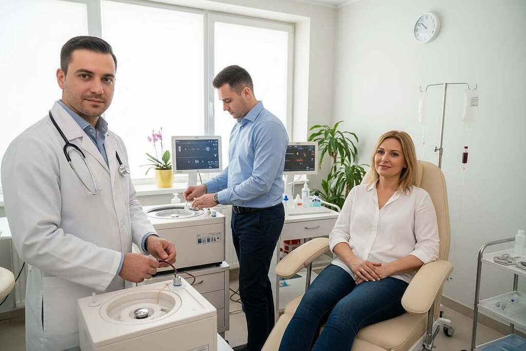 A professional clinical setting focused on the process of Eigenbluttherapie (autologous blood therapy). In the foreground, a doctor in a white lab coat, looking confident and focused, prepares a medical device to extract blood. The technician beside them, dressed in smart casual attire, assists with a sterile, organized workspace, emphasizing professionalism. In the middle ground, a patient sits calmly in a chair, showcasing a gentle, reassuring atmosphere, with soft, warm lighting that highlights the care involved in the procedure. The background features medical equipment such as centrifuges and vials, providing context without overwhelming the scene. The overall mood is one of healing and hope, reflecting innovative medical practices in an advanced healthcare environment. A professional clinical setting focused on the process of Eigenbluttherapie (autologous blood therapy). In the foreground, a doctor in a white lab coat, looking confident and focused, prepares a medical device to extract blood. The technician beside them, dressed in smart casual attire, assists with a sterile, organized workspace, emphasizing professionalism. In the middle ground, a patient sits calmly in a chair, showcasing a gentle, reassuring atmosphere, with soft, warm lighting that highlights the care involved in the procedure. The background features medical equipment such as centrifuges and vials, providing context without overwhelming the scene. The overall mood is one of healing and hope, reflecting innovative medical practices in an advanced healthcare environment.