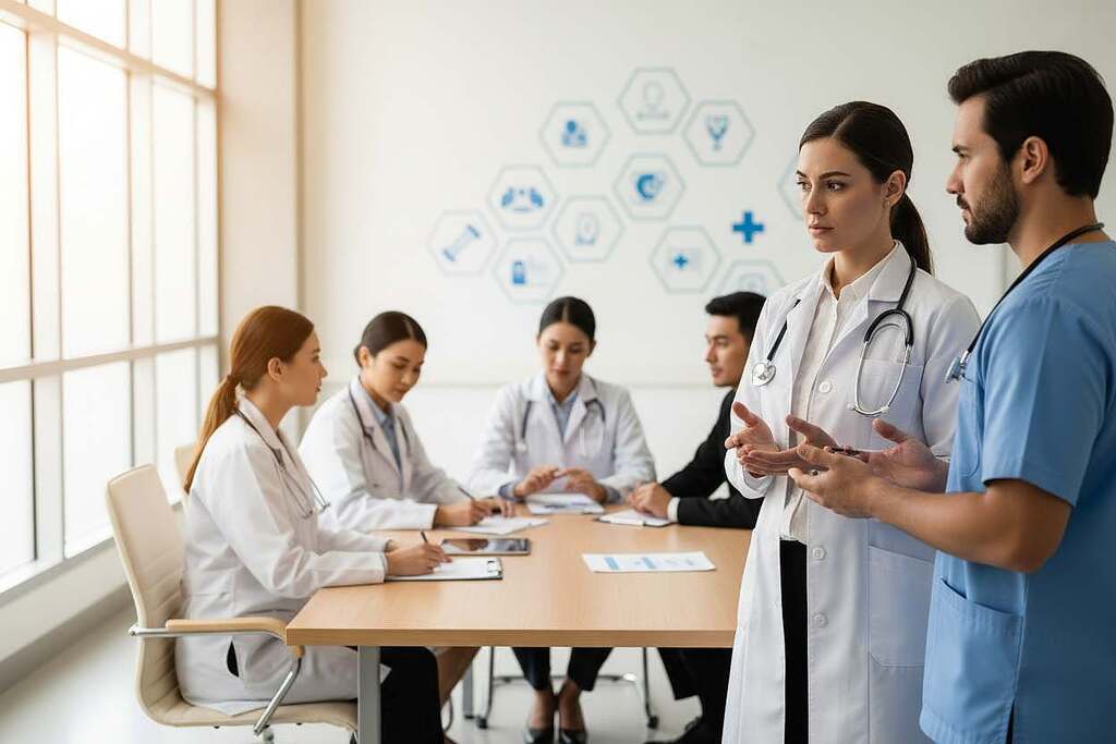 A professional healthcare setting, showcasing diverse medical professionals engaged in an ethical discussion. In the foreground, a female doctor in a white coat, with a stethoscope around her neck, is standing next to a male nurse, both deep in conversation, their expressions thoughtful and serious. In the middle ground, a group of healthcare workers, including a pharmacist and a medical researcher, are seated around a table filled with patient care brochures and charts, symbolizing collaboration on ethical practices. The background features a well-lit hospital corridor with patient care symbols on the walls, conveying a sense of responsibility and professionalism. Soft natural light filters in from large windows, creating a warm and contemplative atmosphere that emphasizes the importance of ethics in healthcare. A professional healthcare setting, showcasing diverse medical professionals engaged in an ethical discussion. In the foreground, a female doctor in a white coat, with a stethoscope around her neck, is standing next to a male nurse, both deep in conversation, their expressions thoughtful and serious. In the middle ground, a group of healthcare workers, including a pharmacist and a medical researcher, are seated around a table filled with patient care brochures and charts, symbolizing collaboration on ethical practices. The background features a well-lit hospital corridor with patient care symbols on the walls, conveying a sense of responsibility and professionalism. Soft natural light filters in from large windows, creating a warm and contemplative atmosphere that emphasizes the importance of ethics in healthcare.
