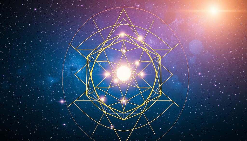 A radiant representation of "Heilige Geometrie" in the foreground, featuring intricate patterns such as the Flower of Life and Metatron's Cube, comprised of golden and silver lines intertwining harmoniously. In the middle layer, soft ethereal orbs of light float, emanating a gentle glow, symbolizing the invisible connections between all beings. The background reveals a cosmic sky filled with vibrant hues of deep blue and purple, dotted with starlight, creating a sense of infinity and unity. A subtle light source casts a warm, inviting ambiance, accentuating the geometric shapes. The overall mood is serene and contemplative, inviting the viewer to reflect on interconnectedness and sacred geometry. The perspective is slightly elevated, as if observing from above, providing a broad view of this mystical landscape devoid of any text or overlays.
