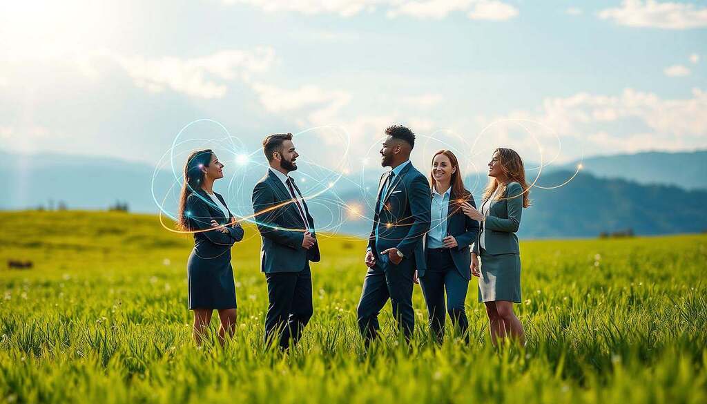 A serene and harmonious visualization of collective consciousness, depicting a diverse group of individuals standing together in a lush green meadow. In the foreground, three persons in professional business attire engage in a dynamic discussion, their expressions reflecting enthusiasm and collaboration. In the middle ground, various translucent energy strands intertwine and connect their minds, swirling in vibrant colors like blue and gold, symbolizing shared thoughts and collective ideas. The background features a soft-focus landscape of distant mountains under a bright, uplifting sky with gentle sunlight filtering through the clouds, casting a warm glow. The atmosphere is one of unity, connection, and elevated energy, capturing the essence of shared consciousness in a peaceful setting.