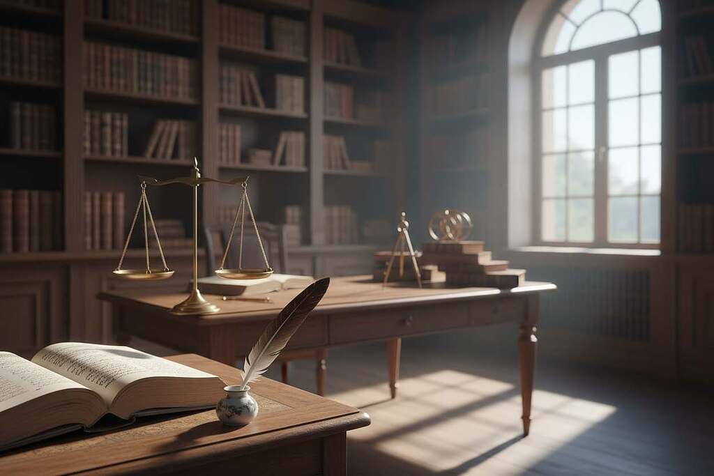 A serene and intellectual representation of classical ethical theories, featuring a beautifully arranged study scene. In the foreground, an open book with elegant calligraphy, symbolizing foundational ethical texts, is surrounded by a classic feather quill and inkpot. The middle ground showcases a large wooden desk cluttered with philosophical symbols - a scale, a compass, and various philosophical works. In the background, softly lit shelves lined with leather-bound books create a warm, scholarly atmosphere. A gentle glow from a nearby window adds to the ambiance, casting soft shadows that enhance the depth of the scene. The mood is thoughtful and contemplative, inviting viewers to reflect on the complexities of ethics and morality. A serene and intellectual representation of classical ethical theories, featuring a beautifully arranged study scene. In the foreground, an open book with elegant calligraphy, symbolizing foundational ethical texts, is surrounded by a classic feather quill and inkpot. The middle ground showcases a large wooden desk cluttered with philosophical symbols - a scale, a compass, and various philosophical works. In the background, softly lit shelves lined with leather-bound books create a warm, scholarly atmosphere. A gentle glow from a nearby window adds to the ambiance, casting soft shadows that enhance the depth of the scene. The mood is thoughtful and contemplative, inviting viewers to reflect on the complexities of ethics and morality.