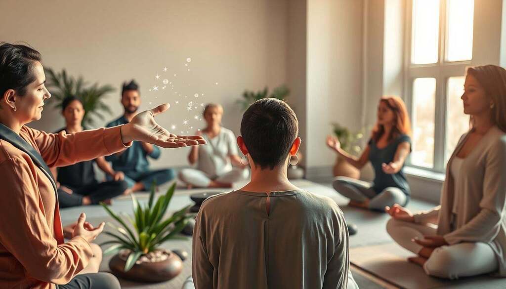 A serene and inviting healing space, featuring a diverse group of individuals in professional attire practicing energetic healing methods. In the foreground, a practitioner gently holds their hands above a client, emanating soft, shimmering light to represent energy flow. In the middle ground, several participants engage in meditative poses, surrounded by natural elements like plants and calming stones, symbolizing connection to nature and universal energy. The background showcases a softly lit room with large windows filtering warm, natural light, enhancing the tranquil atmosphere. The overall mood is peaceful, harmonious, and empowering, evoking a sense of well-being and connection to the universal field of energy. The angle captures a wide view, emphasizing community and support in holistic healing practices.